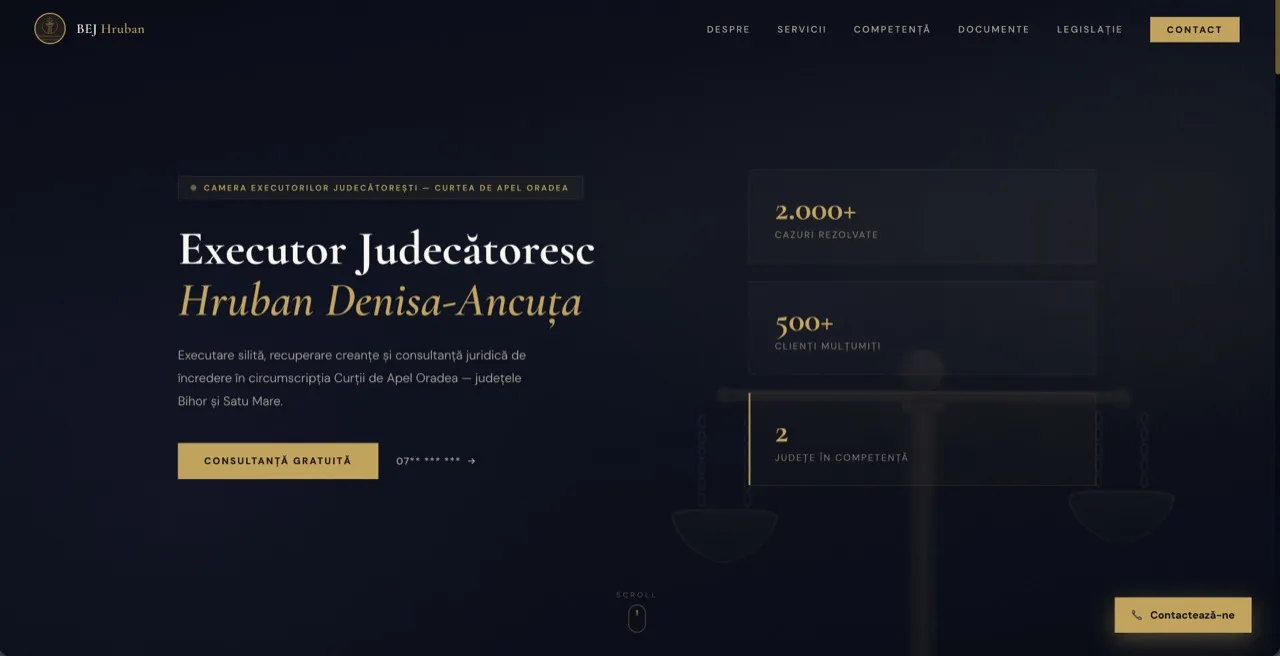 BEJ Hruban — Executor Judecătoresc website preview showing the hero section