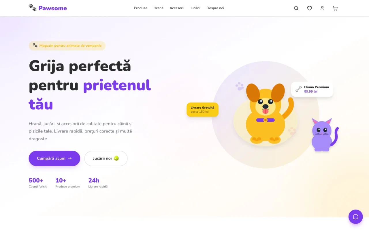 Pawsome — e-commerce pentru animale de companie, homepage cu produse featured