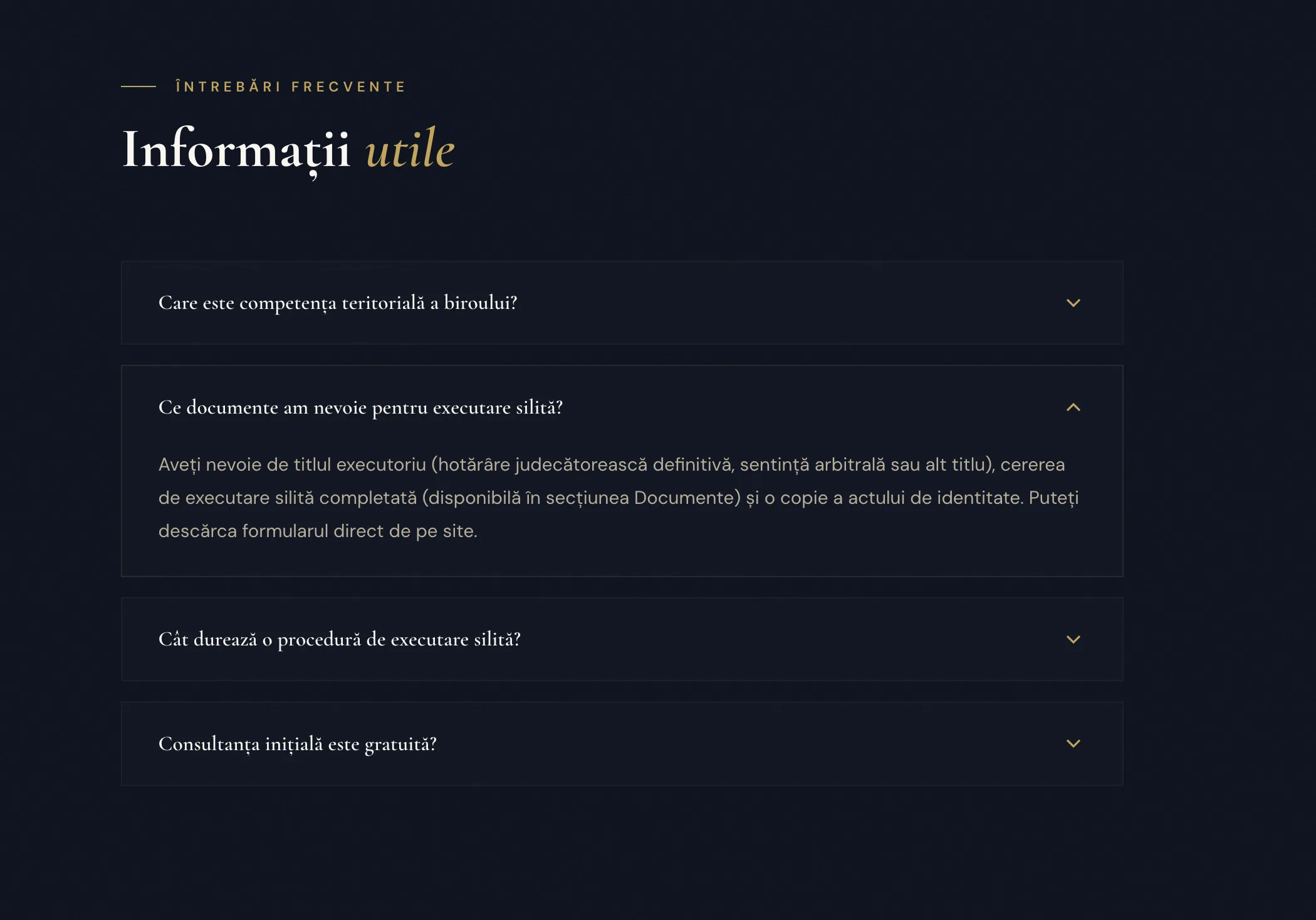 Secțiunea FAQ cu întrebări frecvente