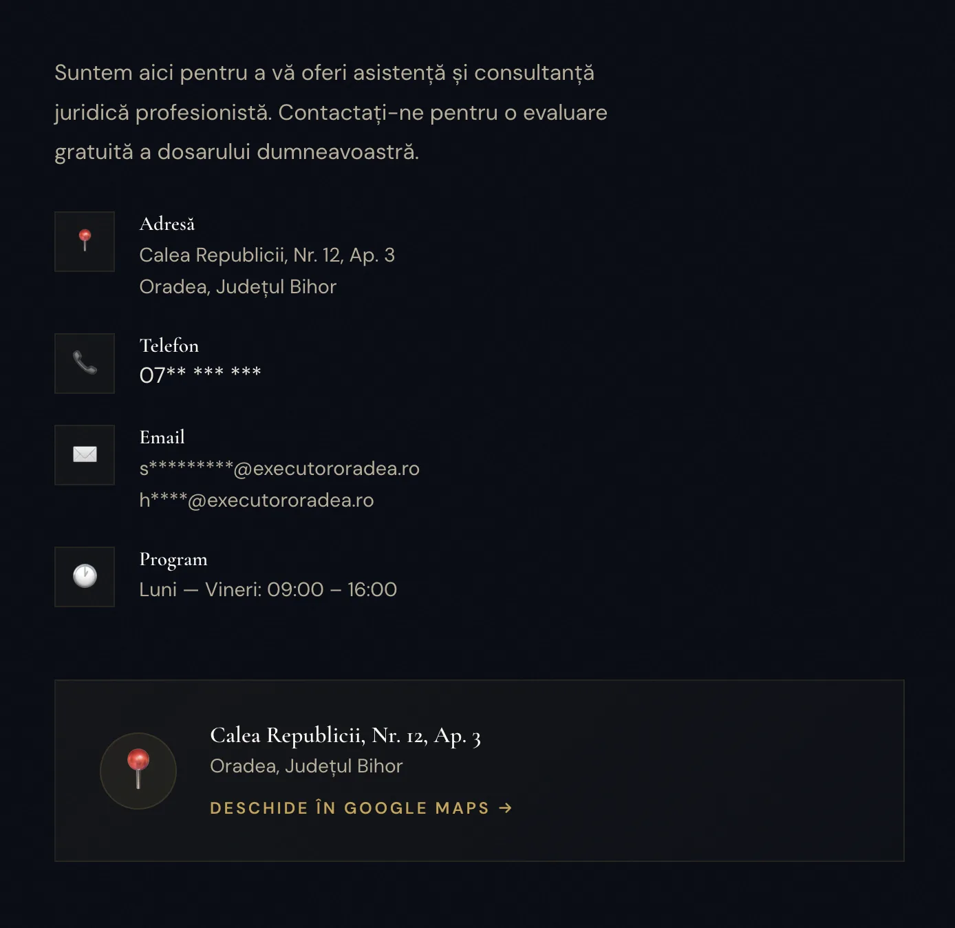 Date de contact — adresă, telefon, email, program și Google Maps