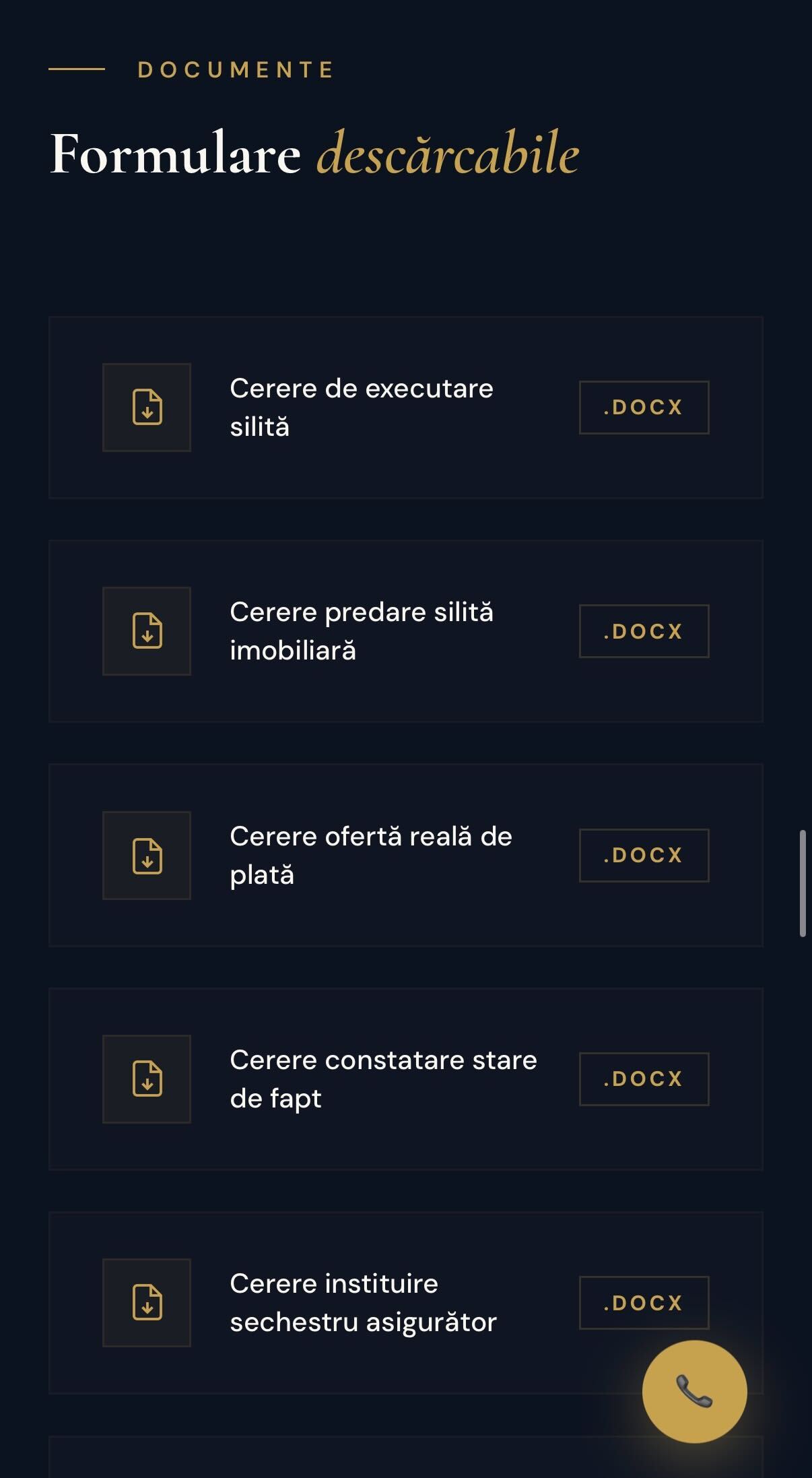 Secțiunea documente descărcabile pe mobil