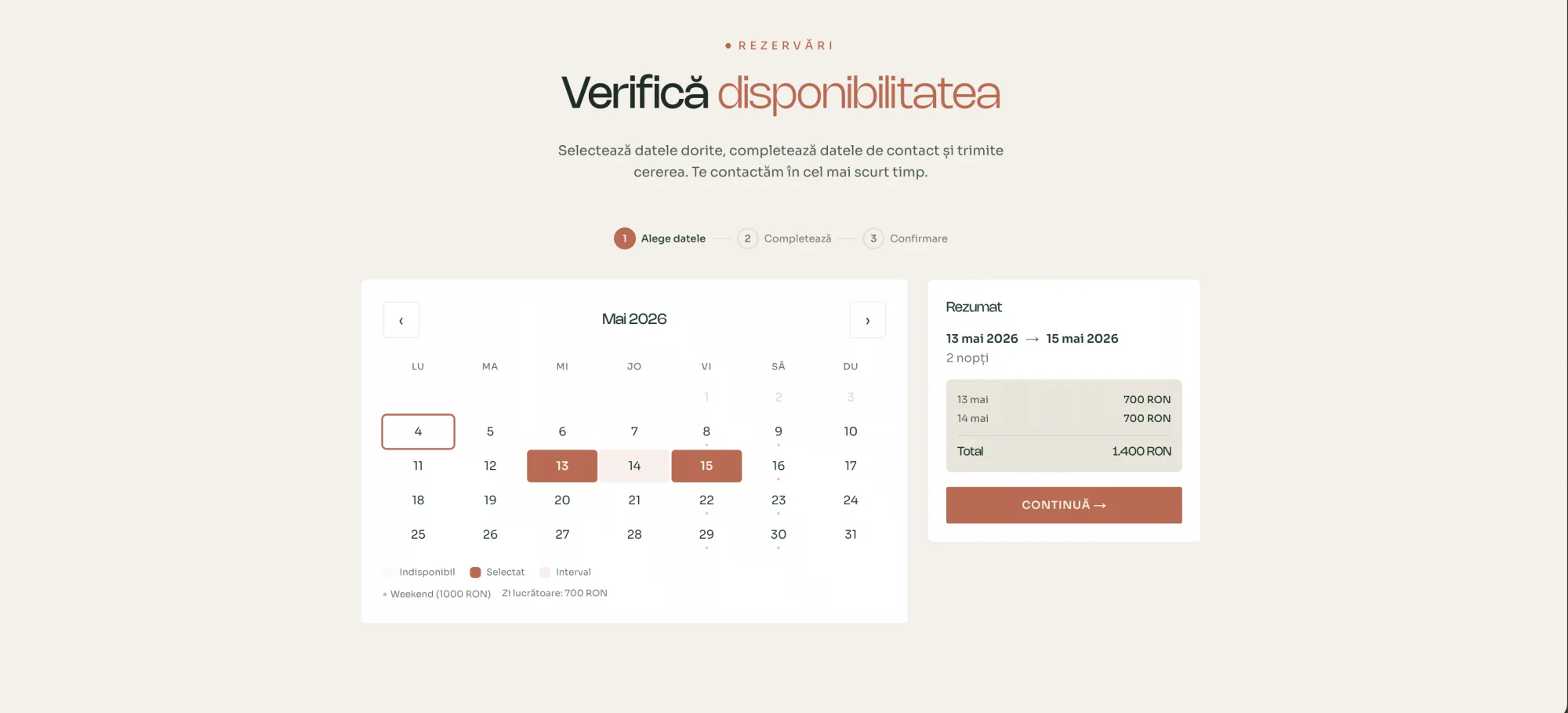 Calendar cu datele selectate și rezumatul prețului