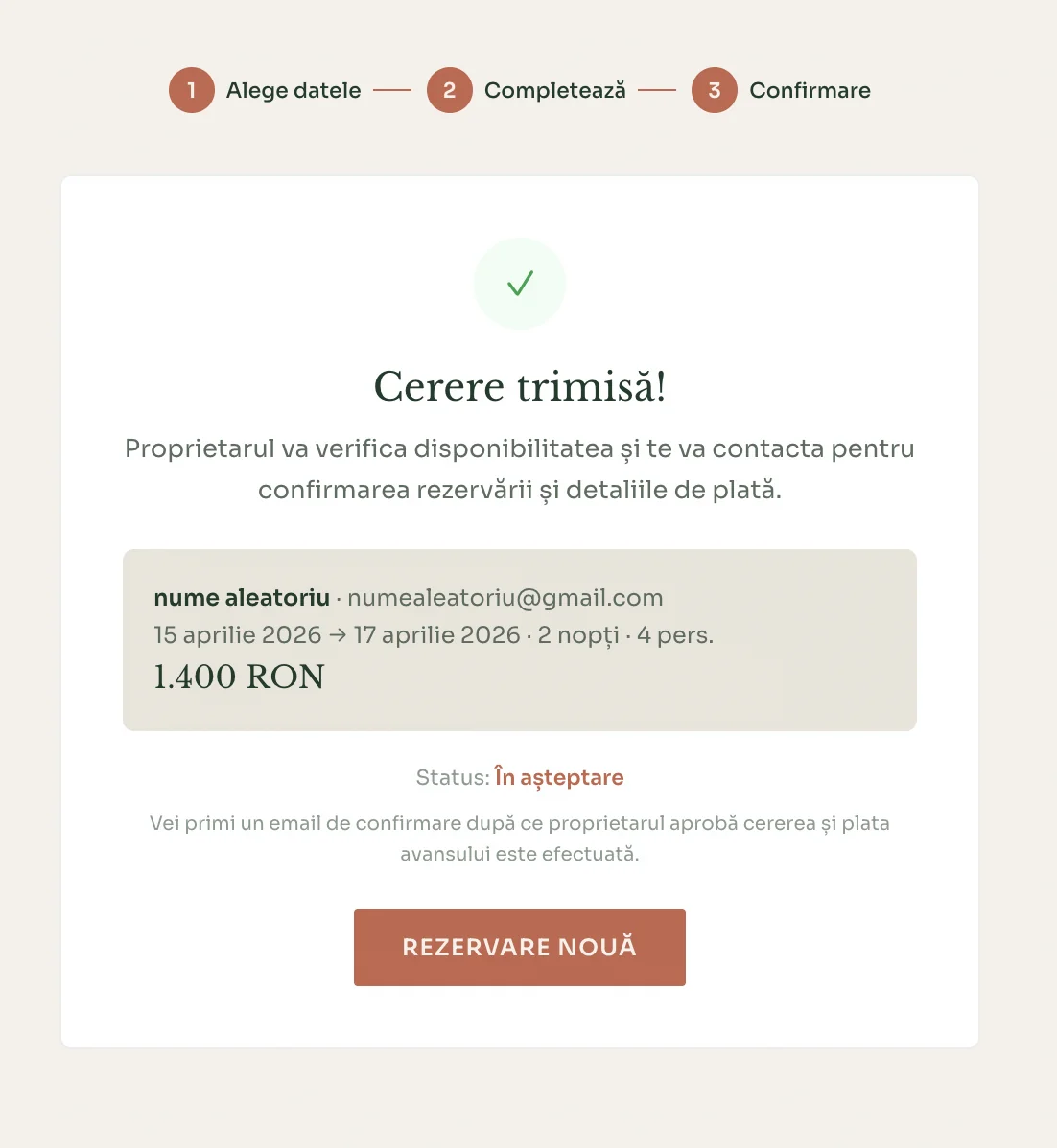 Ecran de confirmare cerere trimisă