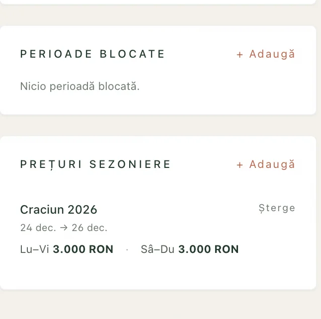 Perioade blocate și prețuri sezoniere — exemplu cu regulă Crăciun 2026