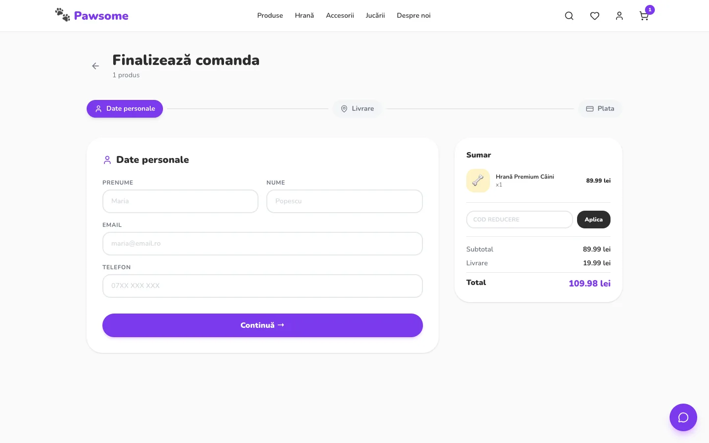 Checkout multi-step Pawsome — date personale