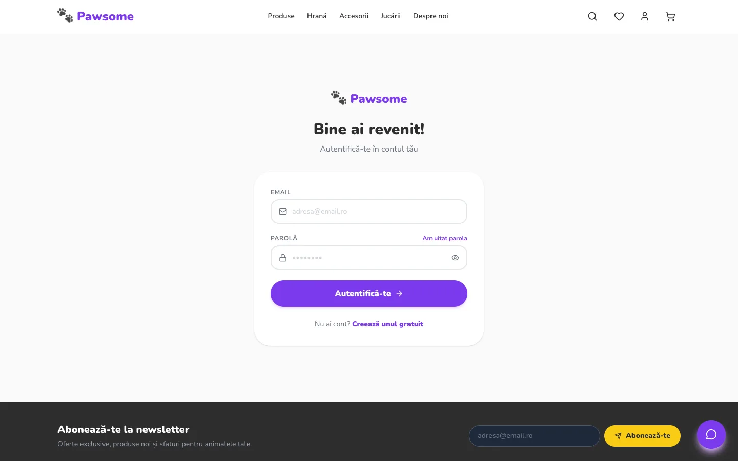 Autentificare Pawsome — login cu email și parolă