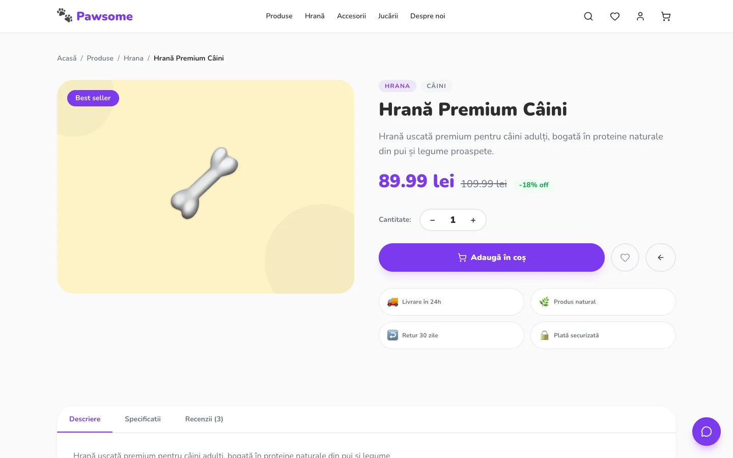 Pagina de produs Pawsome — hrană premium câini