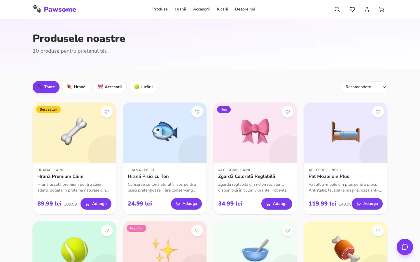 Catalog produse Pawsome cu filtre pe categorii
