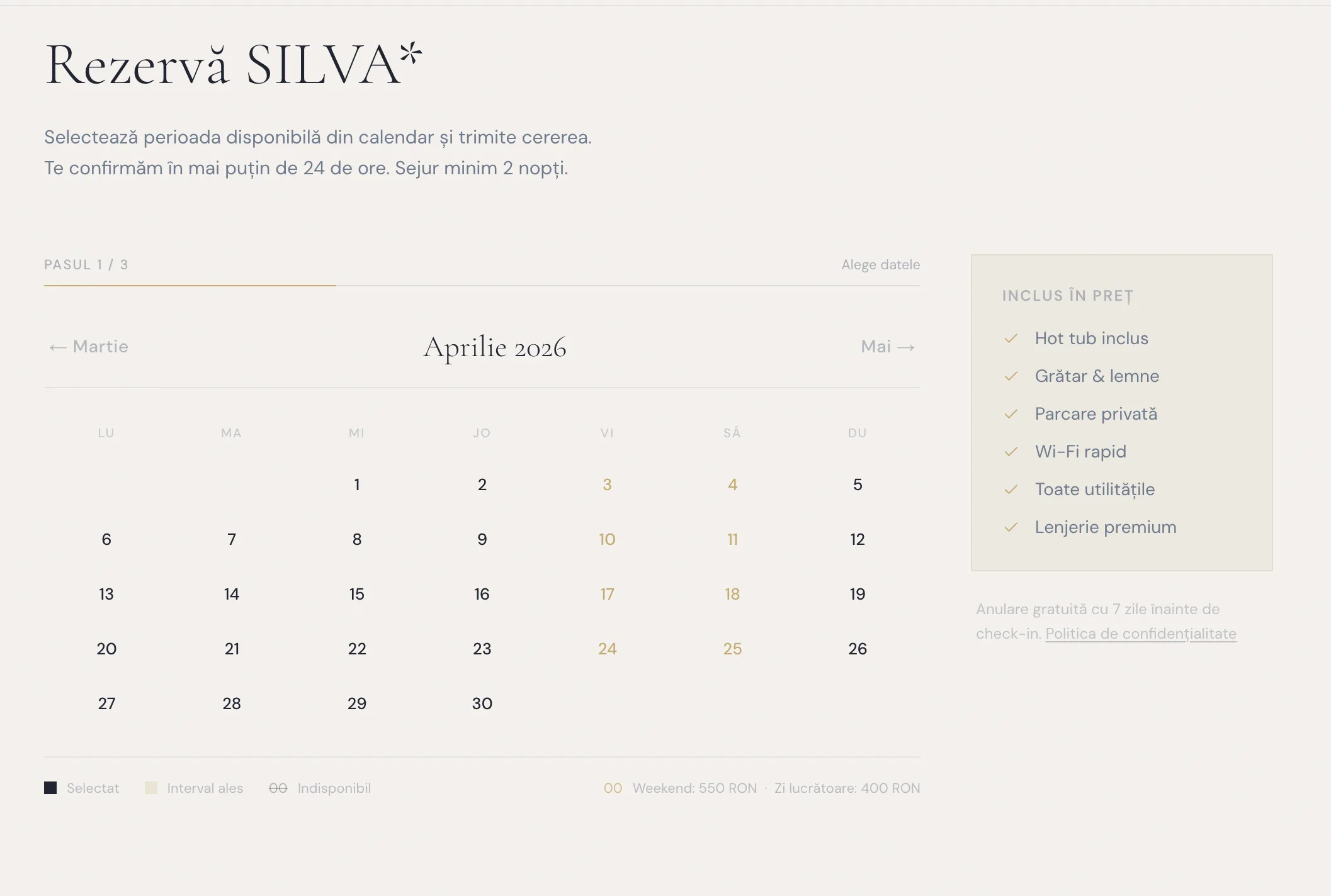 Calendar rezervări Silva Cabin — pasul 1, alege perioada