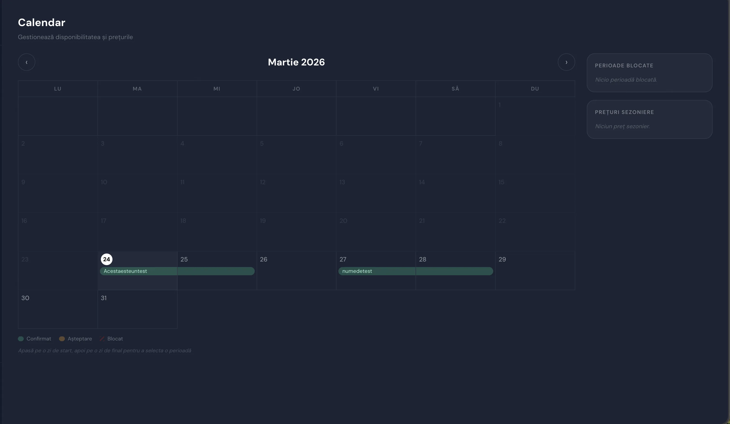 Calendar administrare Silva Cabin — disponibilitate lunară