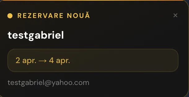 Notificare rezervare nouă în panoul de administrare Silva Cabin