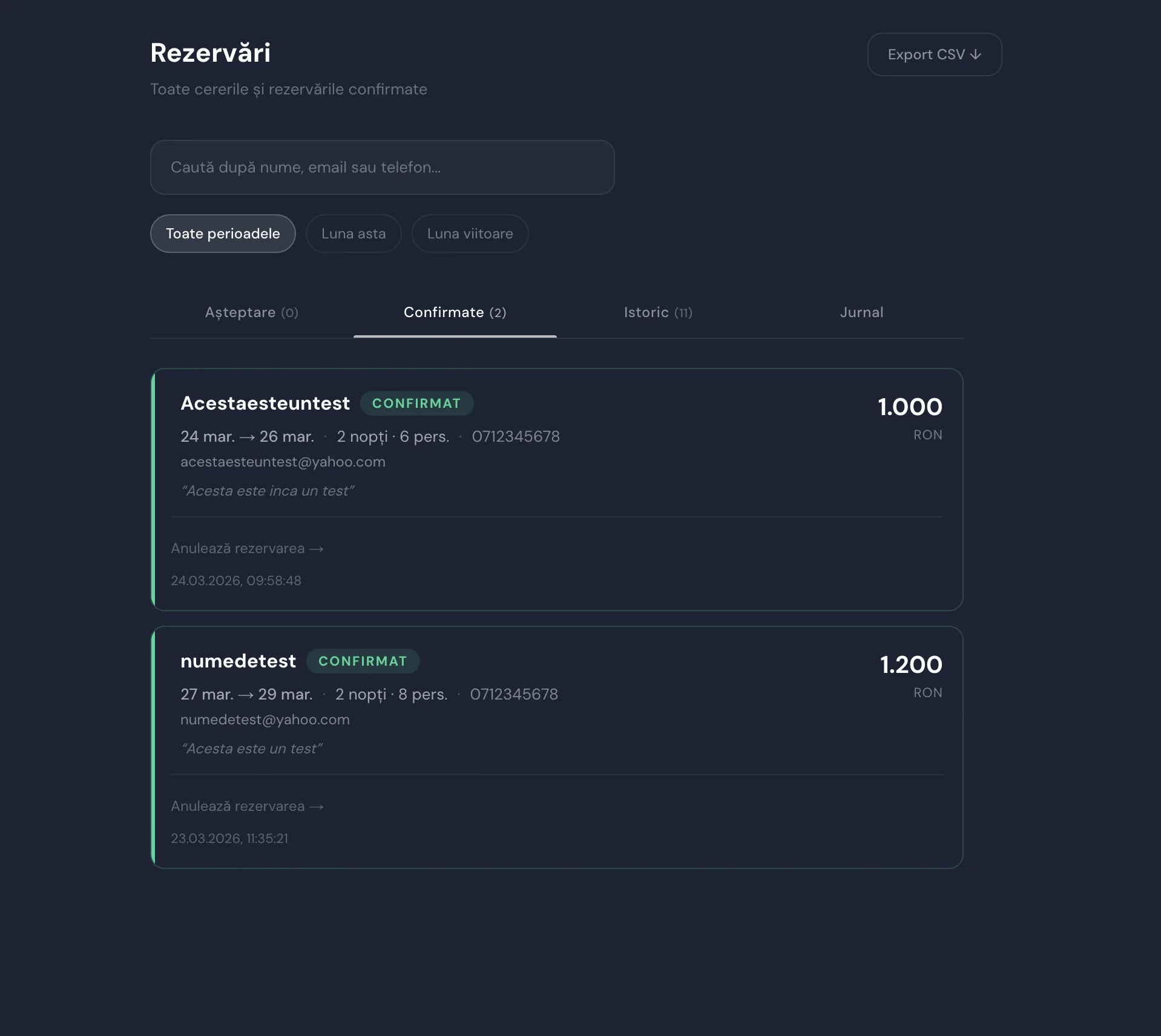 Lista de rezervări — cereri, confirmate, istoric